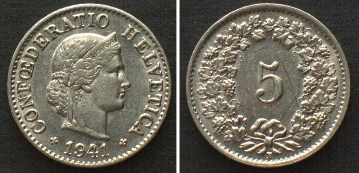 1941 SWITZERLAND 5 Rappen 1941 nickel AU!