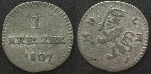 1807 German States HESSE-DARMSTADT. 1 Kreuzer 1807, LUDWIG X billon RARE! VF