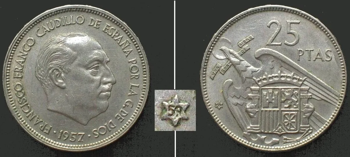 1959 SPAIN 25 Pesetas 1957 (59) FRANCO Cu-Ni AU!