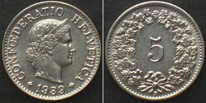 1939 SWITZERLAND 5 Rappen 1939 nickel UNC!