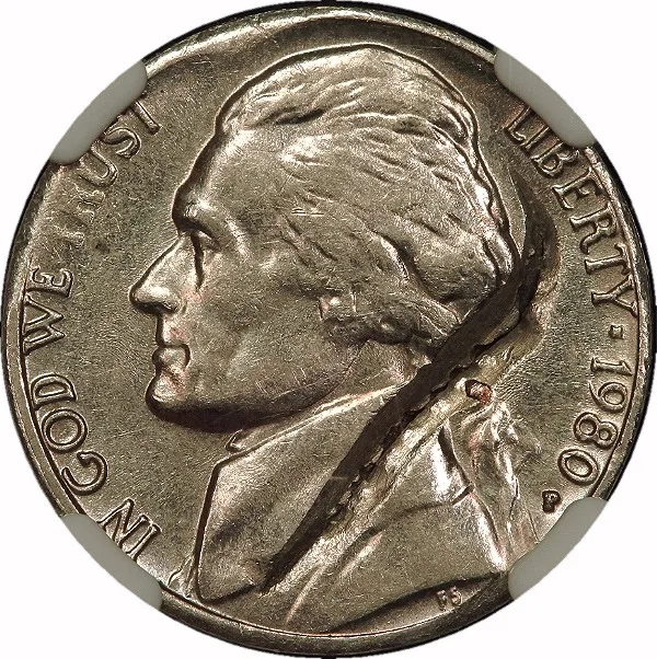 Jefferson Nickel, 1980, Struck on Defective Planchet, 5¢, AU58 , NGC