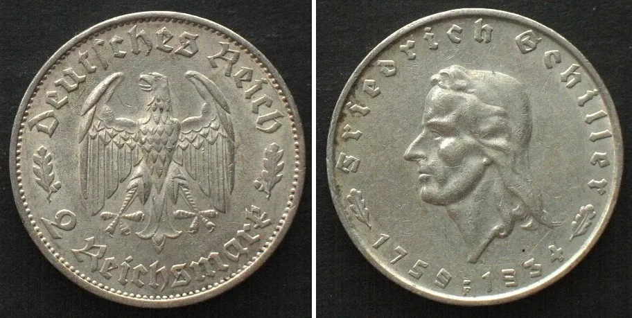 1934 Germany THIRD REICH 2 Reichsmark 1934 F, FRIEDRICH SCHILLER silver AU