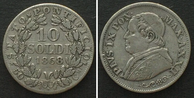 1868 PAPAL STATES. 10 Soldi 1868 - XXII R, PIUS IX silver VF+