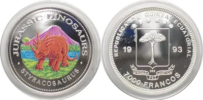 1993 EQUATORIAL GUINEA 7000 Francos 1993 Styracosaurus DINOSAURS silver COLOUR Proof