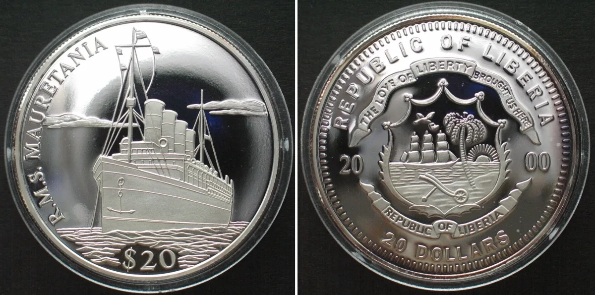 2000 LIBERIA 20 Dollars 2000 Ship R.M.S. MAURETANIA silver Proof