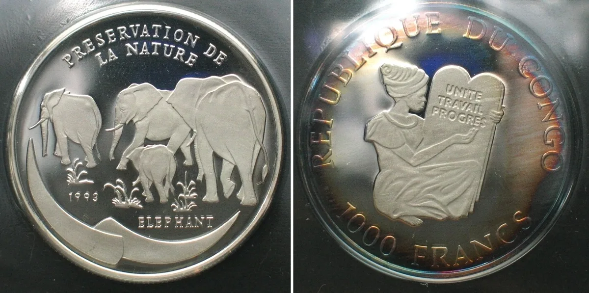 1993 CONGO 1000 Francs 1993 Elephant WILDLIFE PROTECTION silver Proof