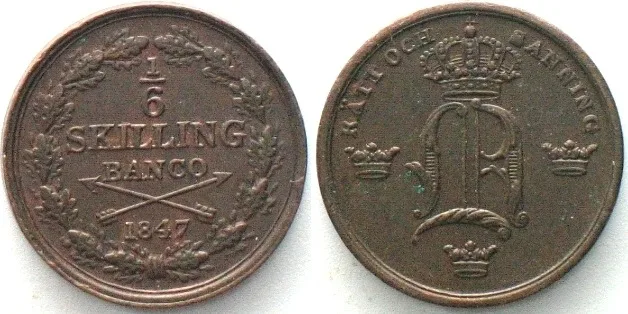 1847 SWEDEN. 1/6 Skilling Banco 1847, OSCAR I, copper UNC-!
