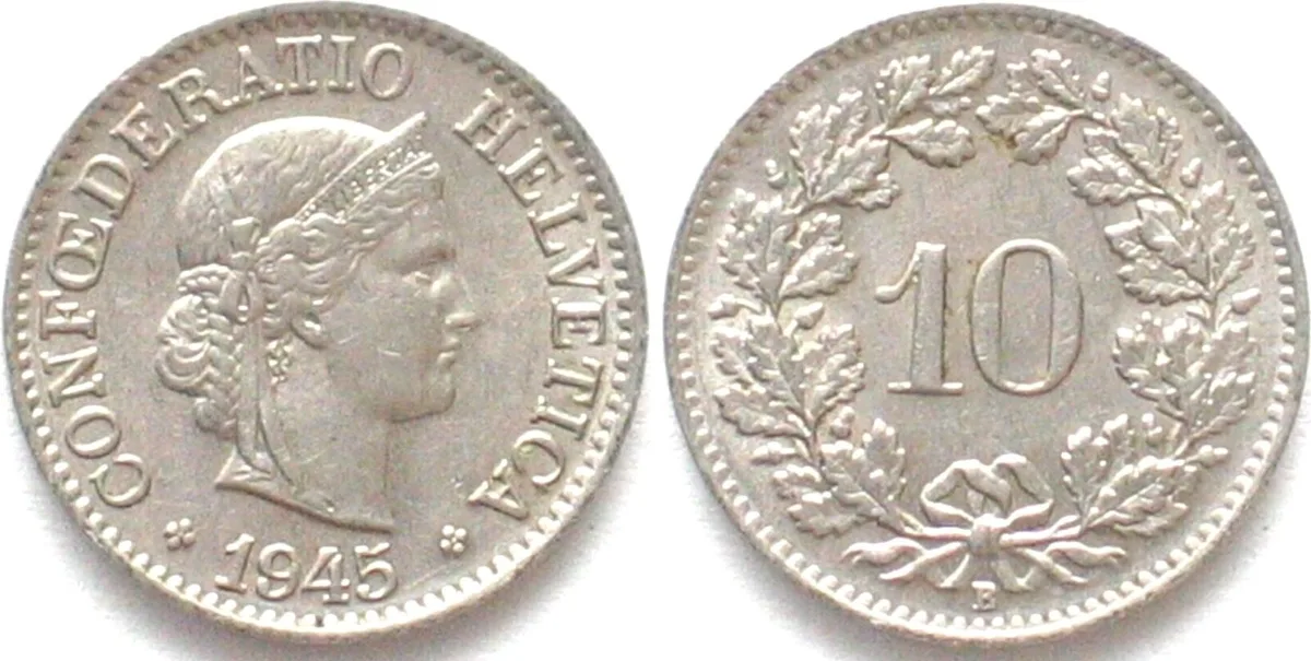 1945 SWITZERLAND 10 Rappen 1945 Cu-Ni SCARCE! AU!