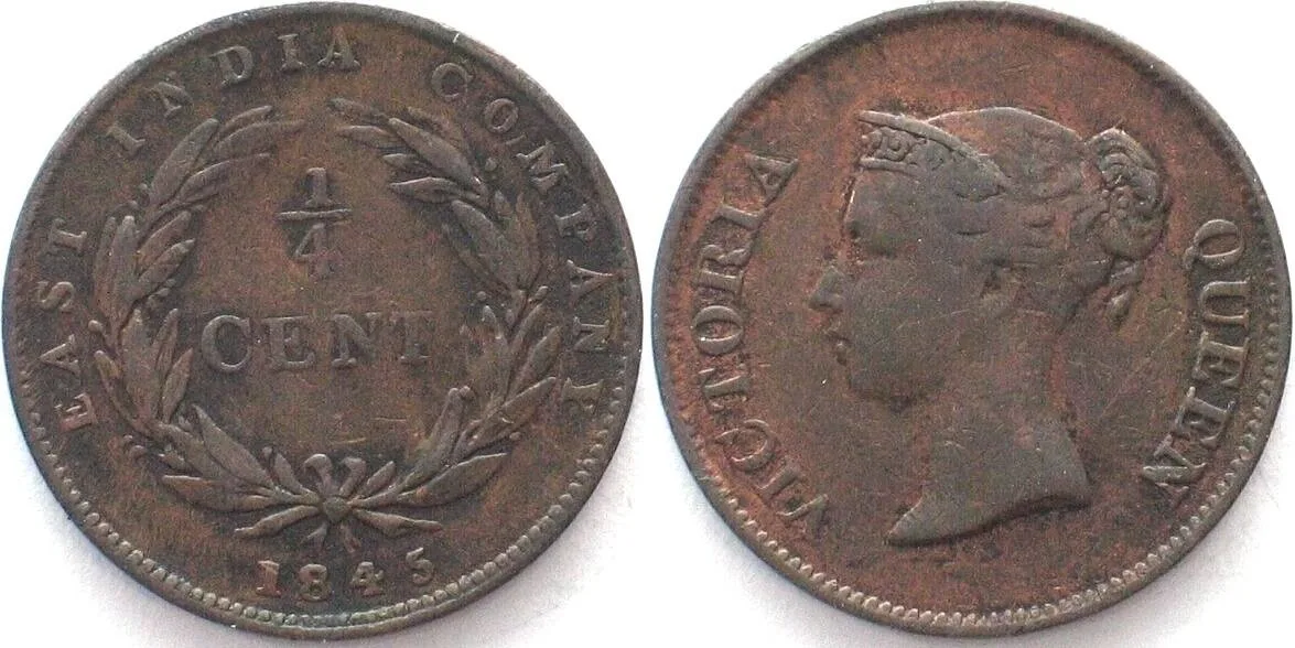 1845 STRAITS SETTLEMENTS 1/4 Cent 1845 VICTORIA copper VF