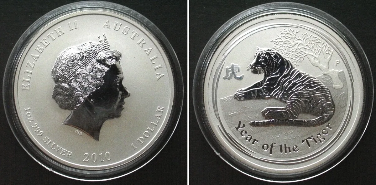 2010 AUSTRALIA 1 Dollar 2010 Lunar II, YEAR OF THE TIGER silver 1 oz BU
