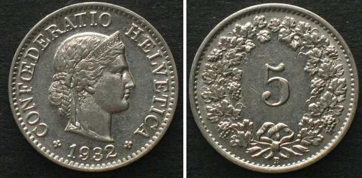 1932 SWITZERLAND 5 Rappen 1932 nickel UNC!