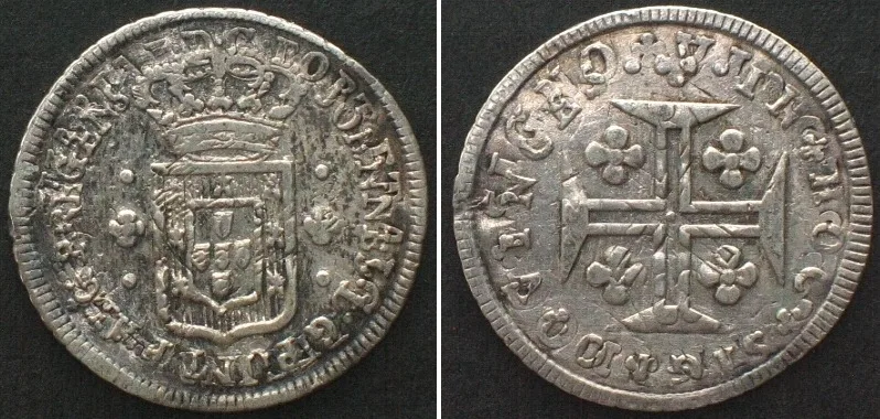 1802-1816 PORTUGAL 3 Vintens (60 Reis) ND (1802-16) JOAO, struck over Maria I, silver, AU!