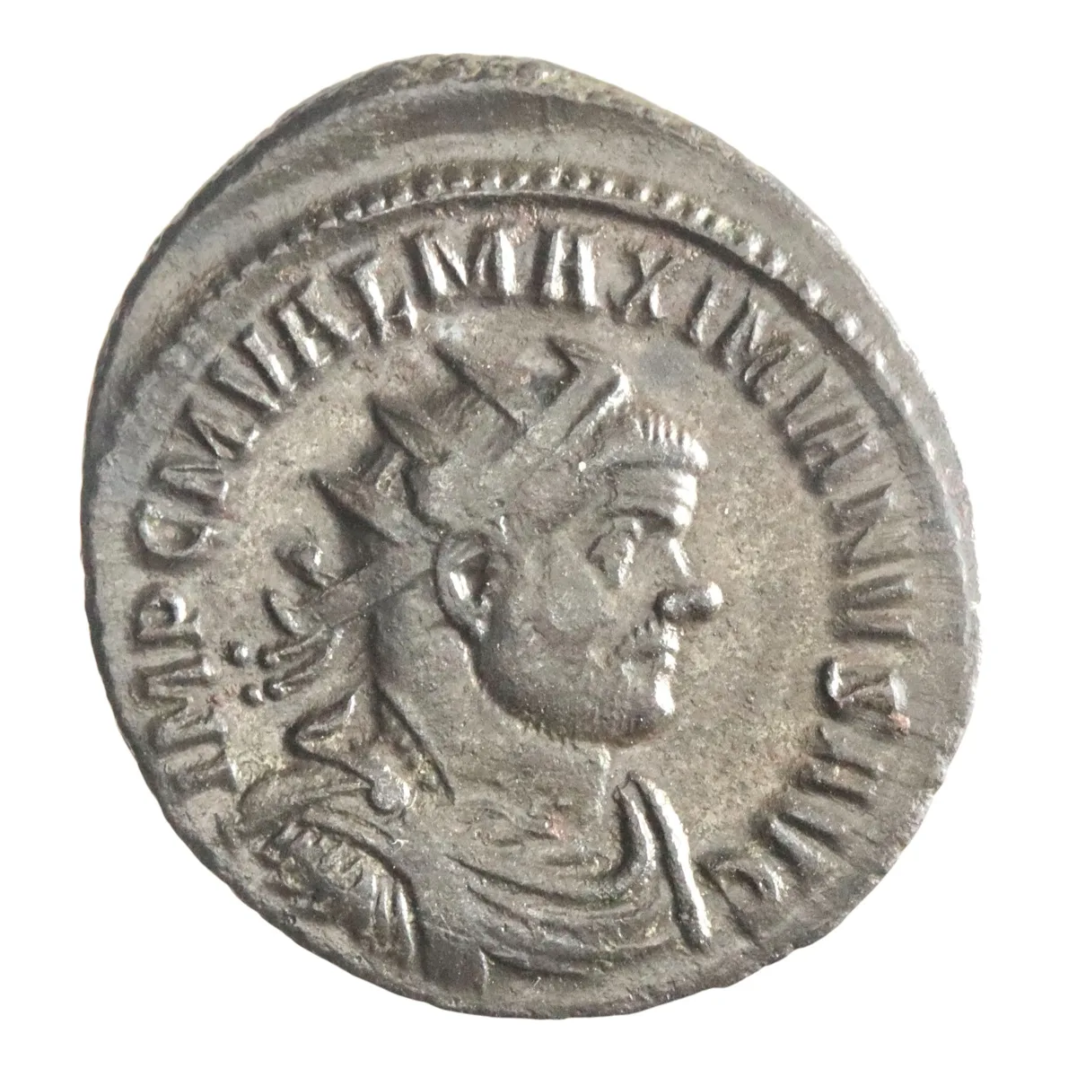 Roman: Maximian (286-310), bronze antoninianus (4.00g), Ticinum mint, 288 CE. Radiate, draped and cuirassed bust / Jupiter standing, holding thunderbolt and sceptre, two standards to right, eagle at foot left. Mintmark SXXIT.