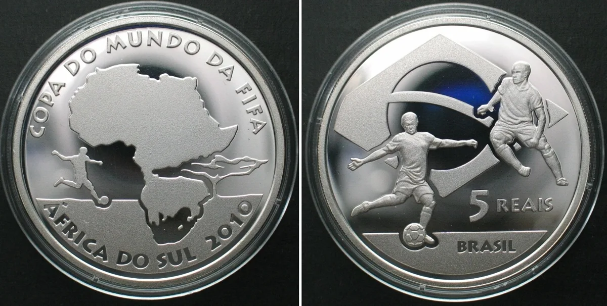 2010 BRAZIL 5 Reais 2010, FIFA Soccer World Cup, silver Proof