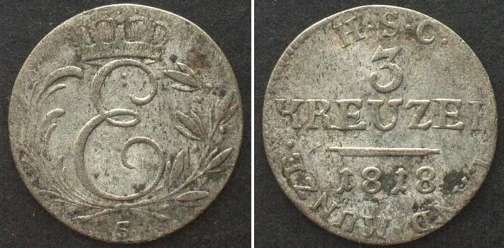 1818 German States SAXE-COBURG-SAALFELD 3 Kreuzer 1818, ERNST I, billon XF! EF