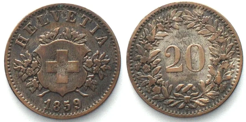 1859 SWITZERLAND 20 Rappen 1859 B billon VF+