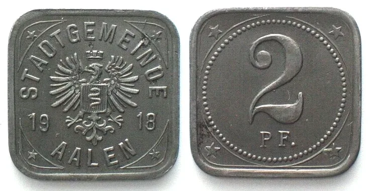 1918 Germany AALEN (Württemberg) 2 Pfennig 1918, eagle 10mm wide, NOTGELD iron UNC