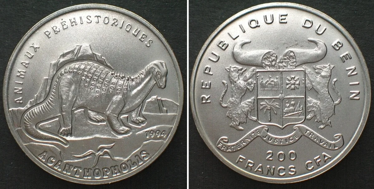 1994 BENIN 200 Francs 1994 Prehistoric Animals ACANTHOPHOLIS Ni plated steel SCARCE! BU