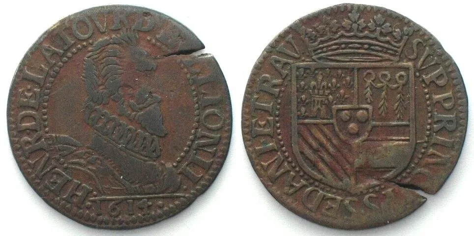 1614 France BOUILLON & SEDAN 2 Liards 1614 HENRI DE LA TOUR copper VF
