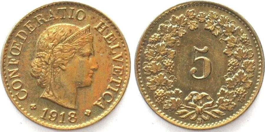 1918 SWITZERLAND 5 Rappen 1918 brass UNC-!