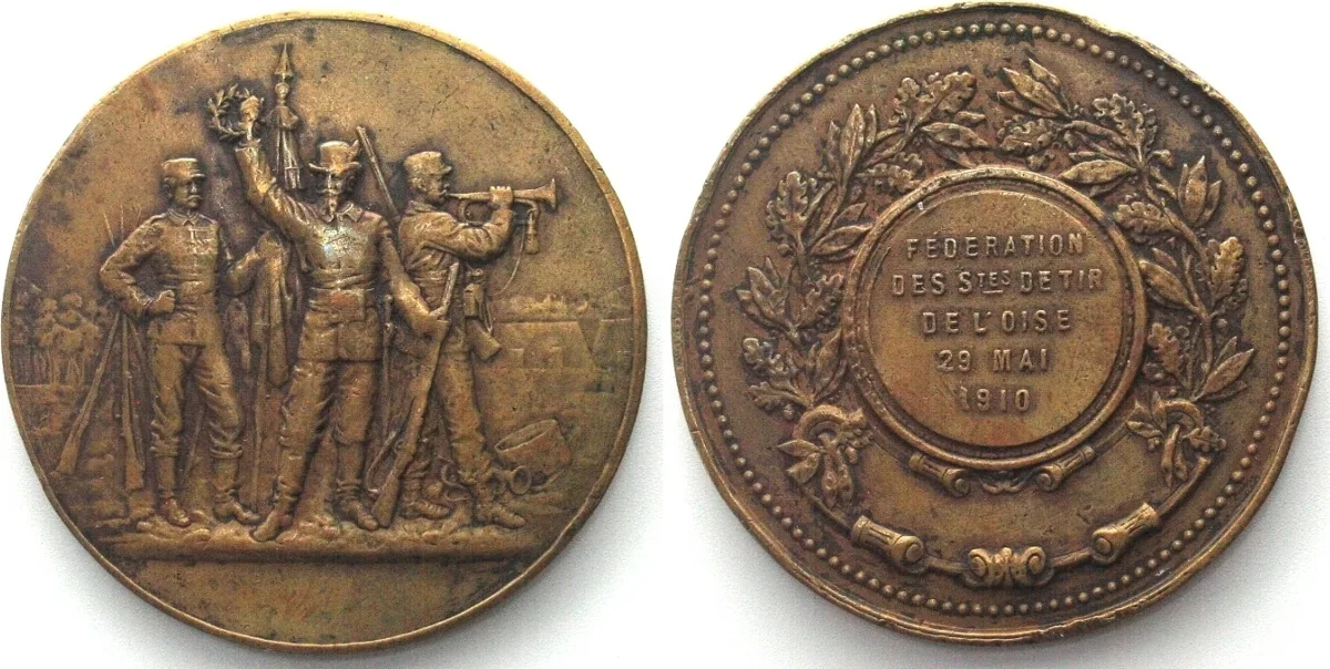 1910 Shooting Medal FEDERATION DES S-tes DE TIR DE L'OISE 1910 bronze 50mm VF+