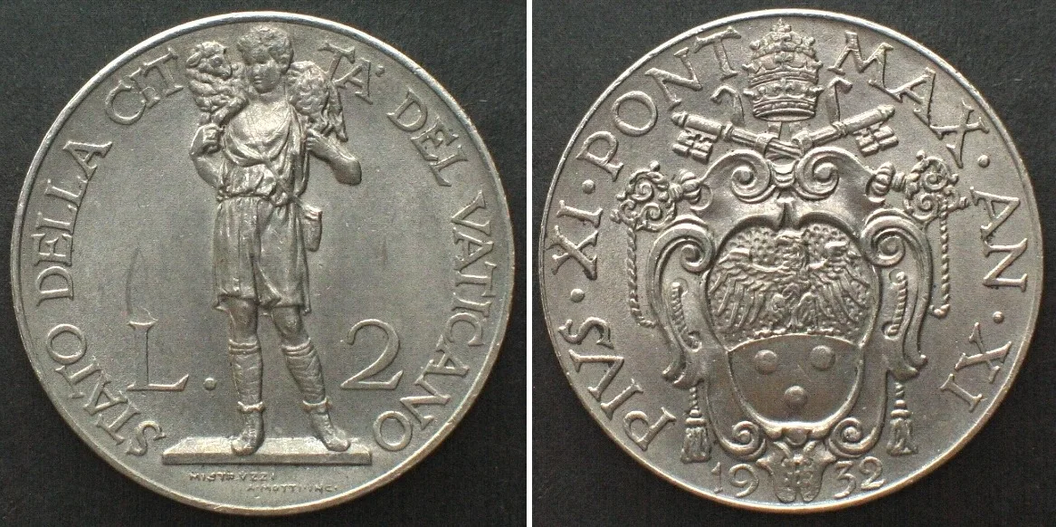 1932 VATICAN 2 Lire 1932, PIUS XI, nickel UNC