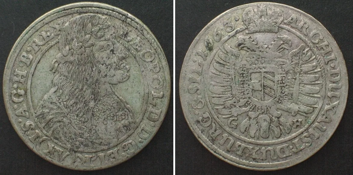 1663 AUSTRIA. 15 Kreuzer 1663, Breslau mint, LEOPOLD I, silver VF+