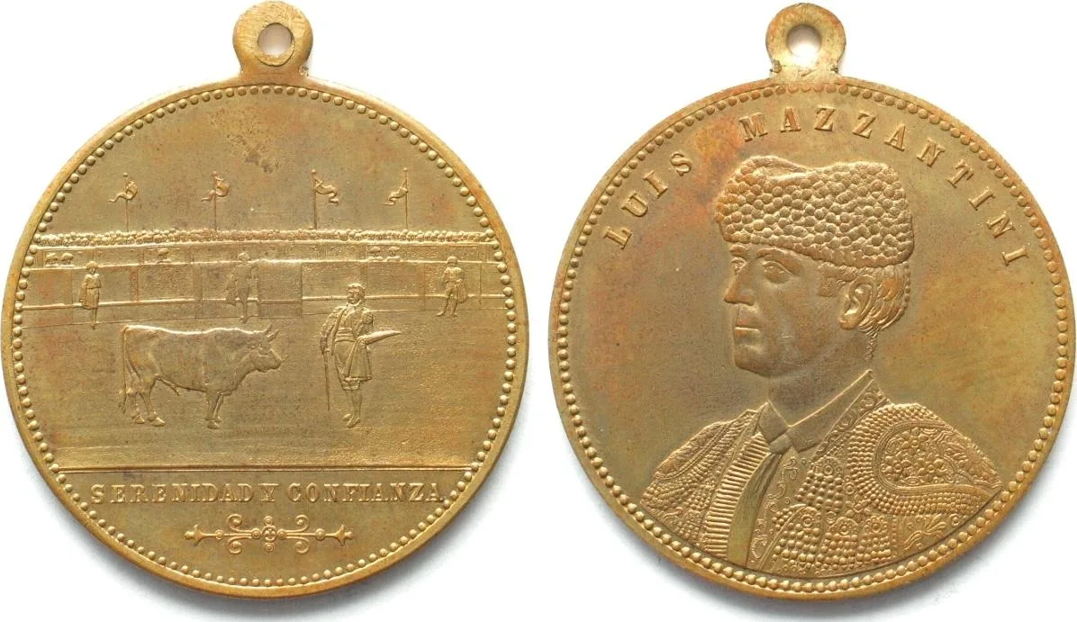 1900 LUIS MAZZANTINI Matador ca.1900 SERENIDAD Y CONFIANZA brass medal 36mm UNC