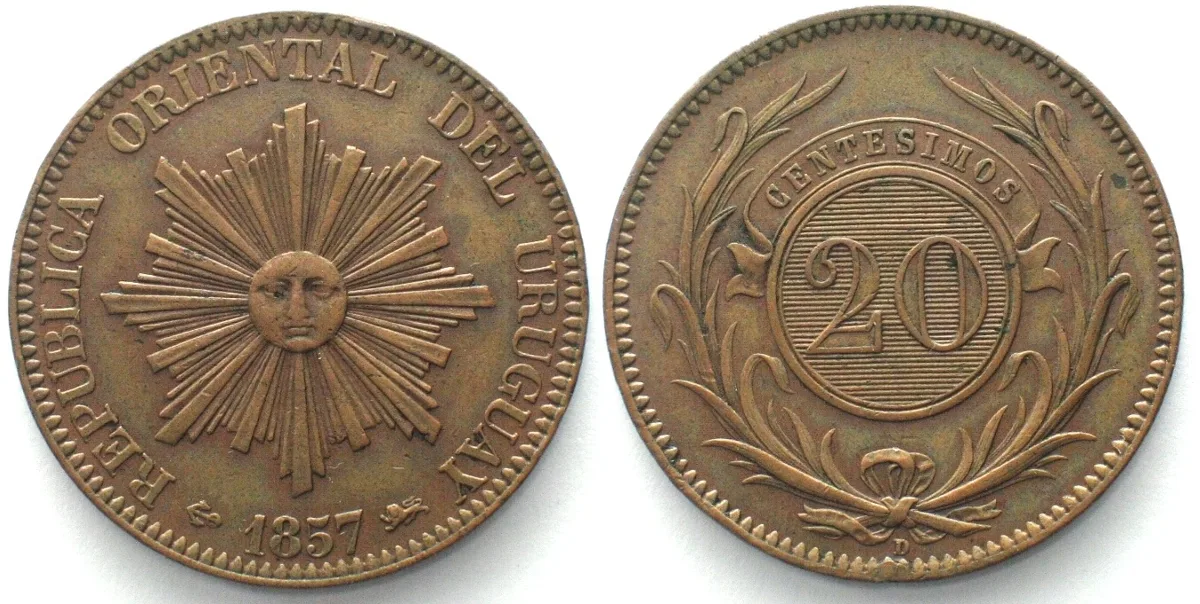 1857 URUGUAY. 20 Centesimos 1857 D, copper AU!
