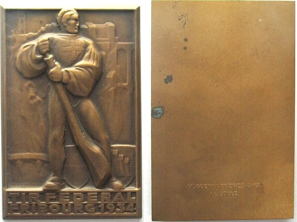 1934 FRIBOURG FEDERAL SHOOTING 1934 Plaque variety w. HUGUENIN on RV RARE! UNC