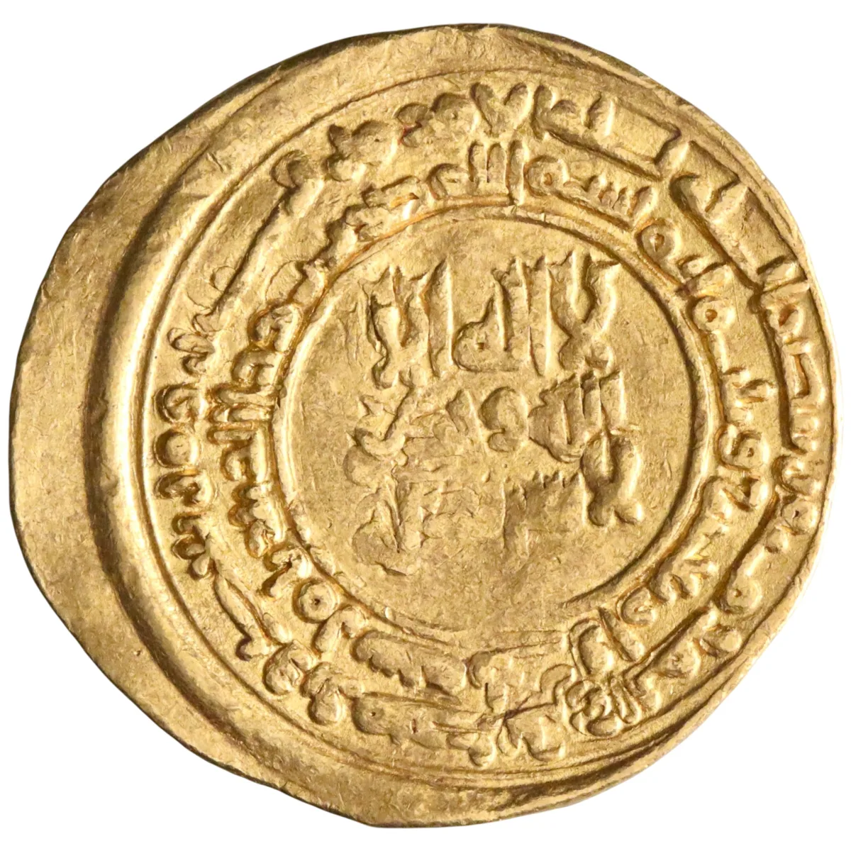 Samanid: Nuh II ibn Nasr (943-954), gold dinar (4.04g), Amul mint, AH 343 (954 CE). Title al-Malik al-Mu'ayyad. Citing deposed Abbasid caliph al-Mustakfi. Rare.