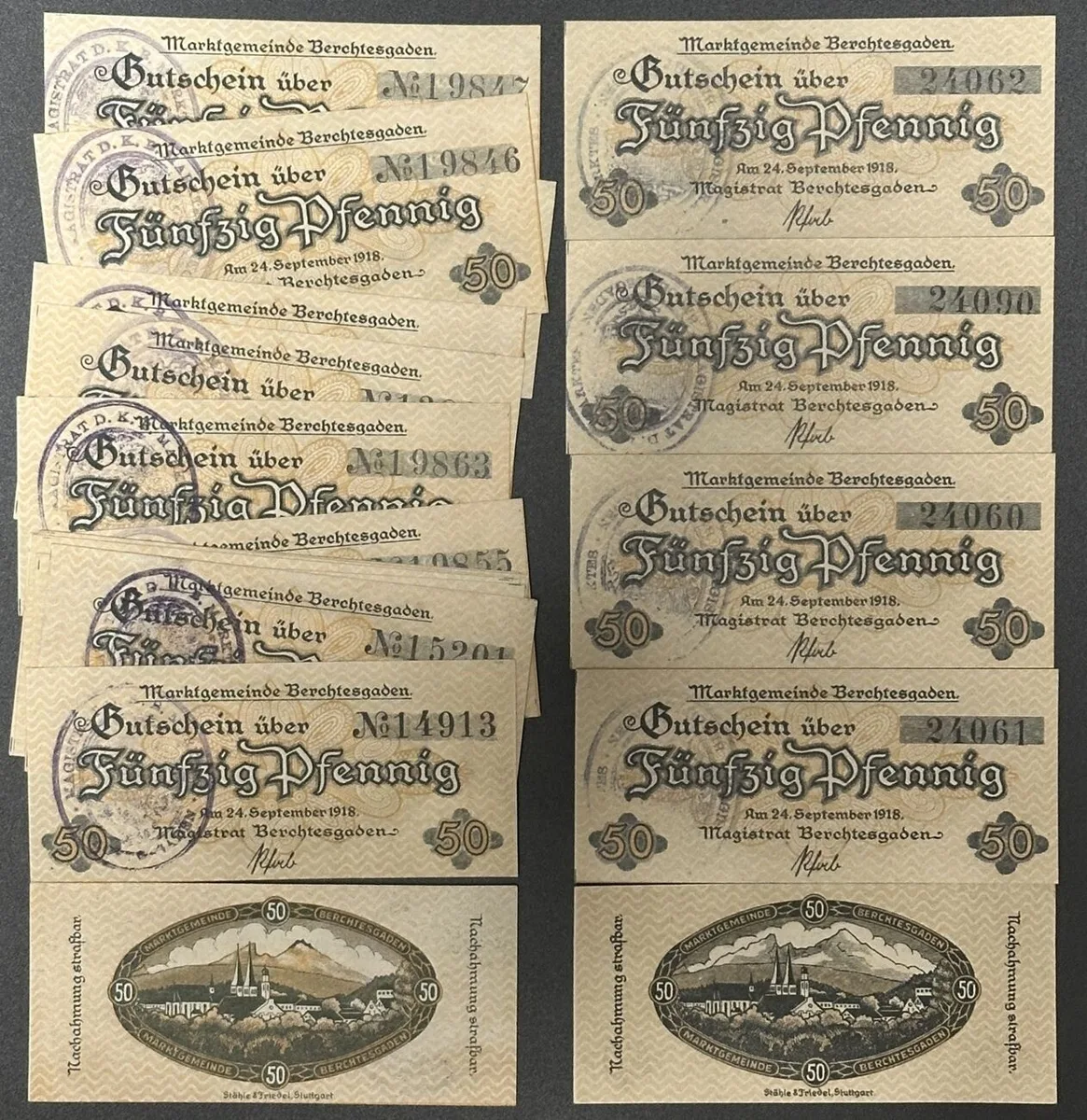 1918 GERMANY. Notgeld. BERCHTESGADEN 22 x 50 Pfennig 1918, 2 different varieties UNC