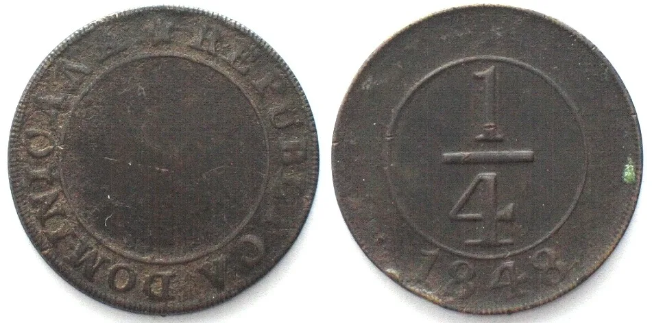 1848 DOMINICAN REPUBLIC. 1/4 Real 1848, plain 4, brass VF+