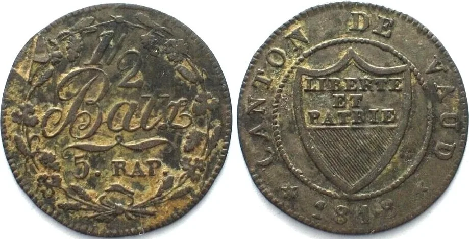 1818 Swiss Cantons VAUD. 1/2 Batzen 1818 billon VF+/aXF VF+/EF-