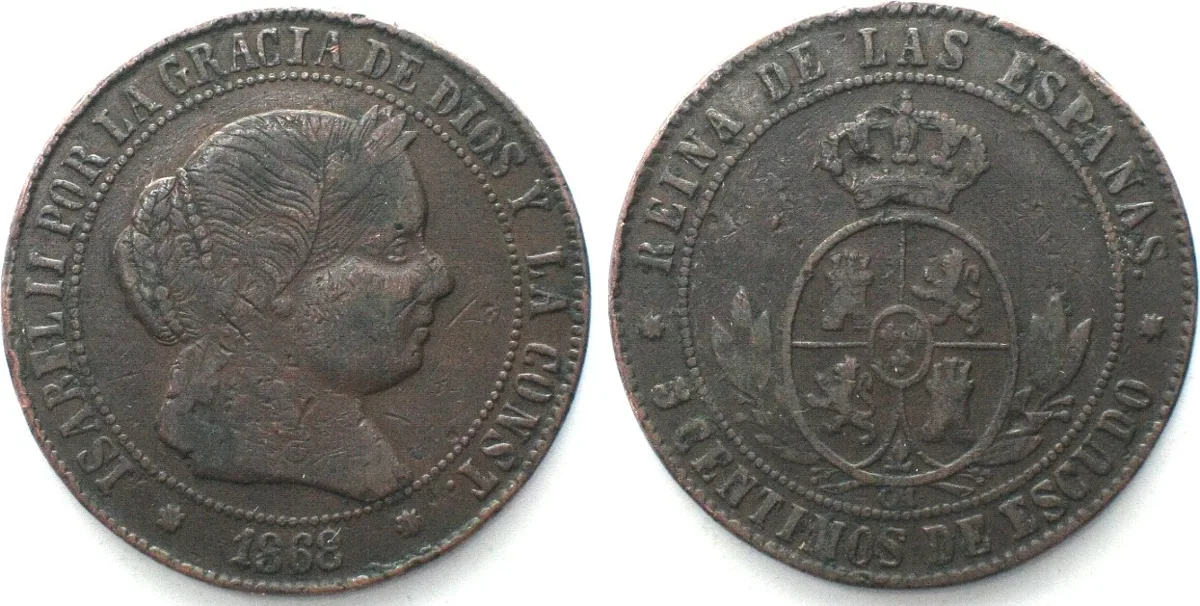 1868 SPAIN 5 Centimos 1868, 8-pointed star, Barcelona mint ISABEL II copper VF+