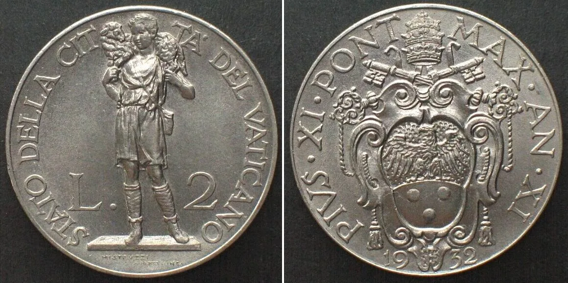 1932 VATICAN 2 Lire 1932, PIUS XI, nickel UNC