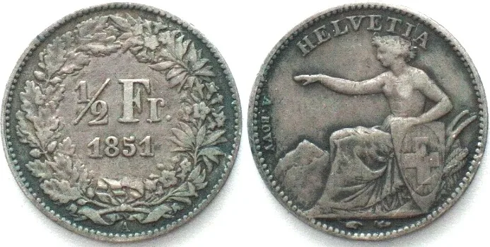 1851 SWITZERLAND. 1/2 Franc 1851 A, SEATED HELVETIA silver XF! EF