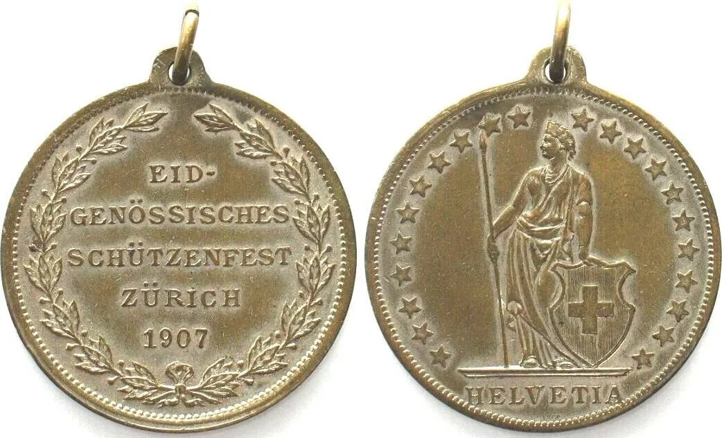 1907 ZURICH 1907 SHOOTING FESTIVAL silvered bronze medal 33mm EF