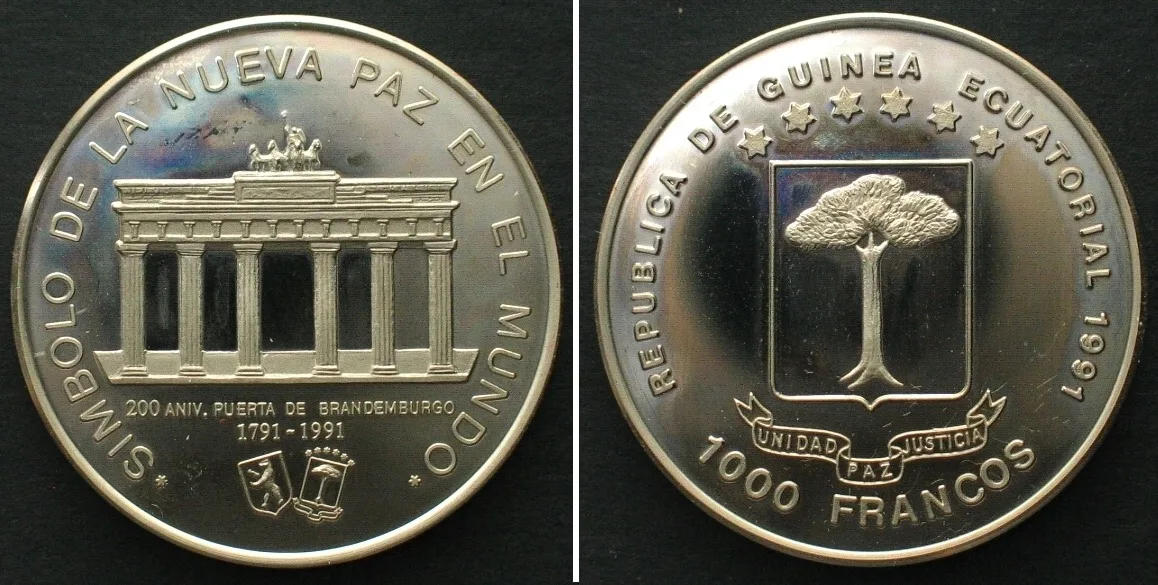 1991 EQUATORIAL GUINEA 1000 Francs 1991 BRANDENBURG GATE Cu-Ni Proof