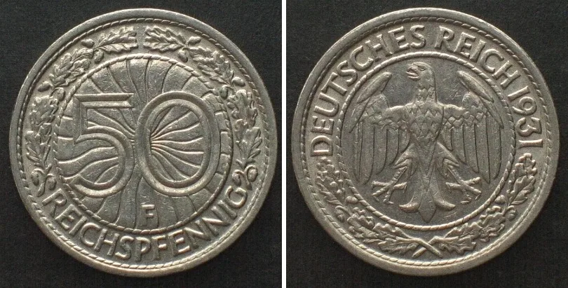 1931 Germany WEIMAR REPUBLIC. 50 Reichspfennig 1931 F, nickel, AU
