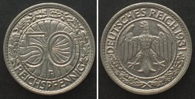 1931 Germany WEIMAR REPUBLIC. 50 Reichspfennig 1931 F, nickel, AU