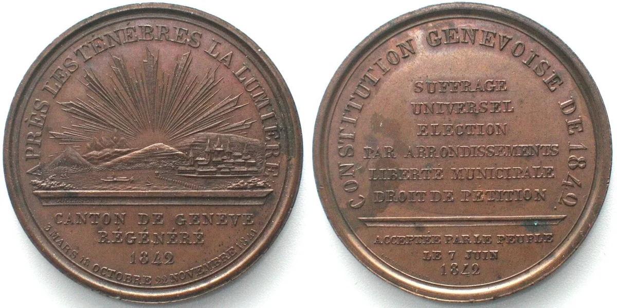 1842 GENEVA. CONSTITUTION 1842, Medal bronze 35mm UNC