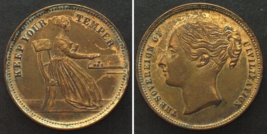 1853 KEEP YOUR TEMPER ca.1853 Brass counter gaming token SOVEREIGN OF CIVILIZATION UNC-