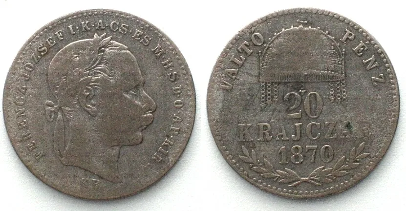 1870 HUNGARY 20 Krajczar 1870 KB, FRANZ JOSEPH I, silver SCARCE! VF-
