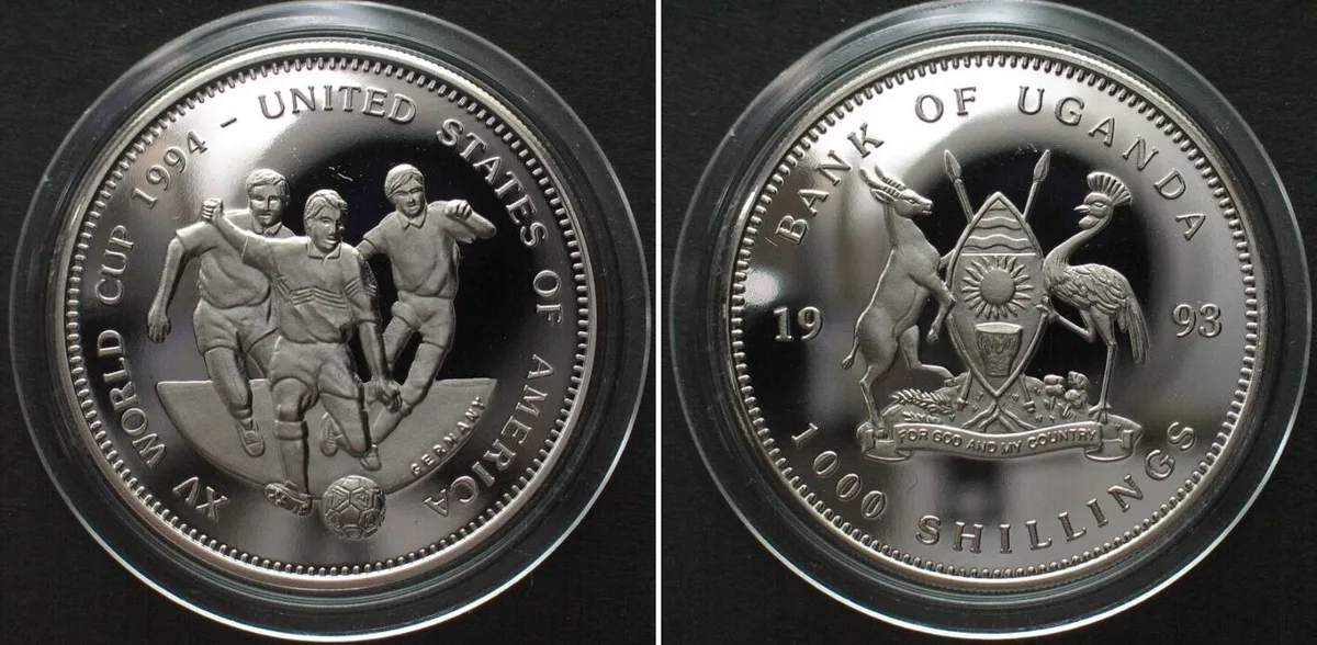 1994 UGANDA 1000 Shillings 1993 SOCCER WORLD CUP Cu-Ni Proof
