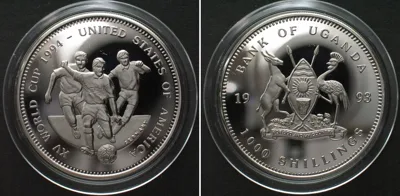 1994 UGANDA 1000 Shillings 1993 SOCCER WORLD CUP Cu-Ni Proof