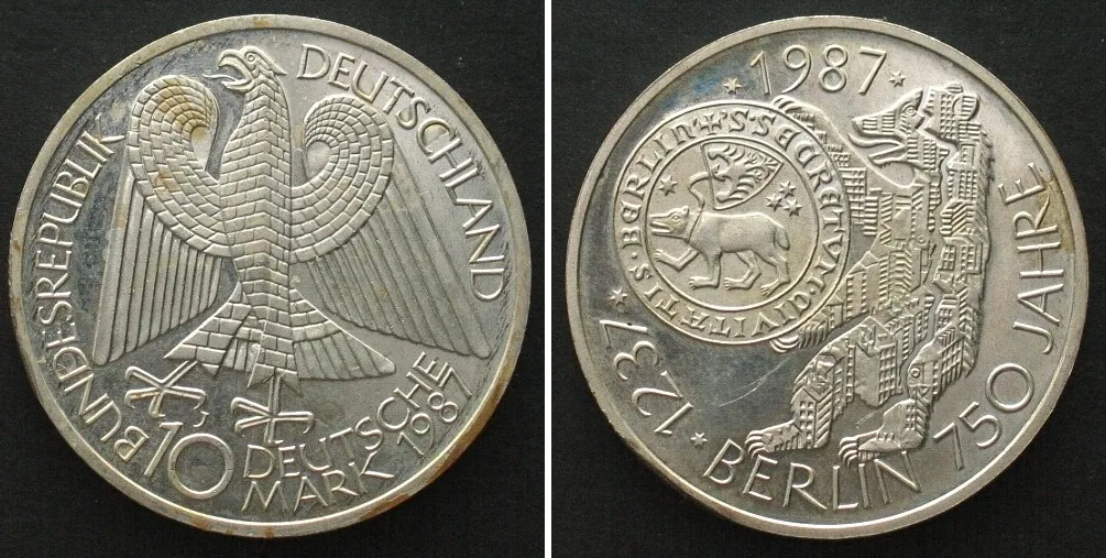1987 GERMANY 10 Mark 1987 J, 750TH ANNIVERSARY OF BERLIN, silver, UNC