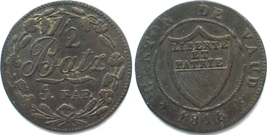 1818 Swiss Cantons VAUD, Canton. 1/2 Batzen 1818 billon VF