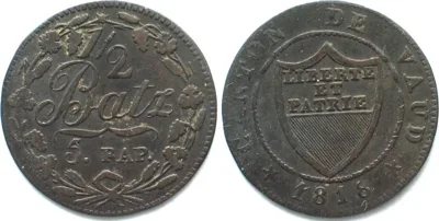 1818 Swiss Cantons VAUD, Canton. 1/2 Batzen 1818 billon VF
