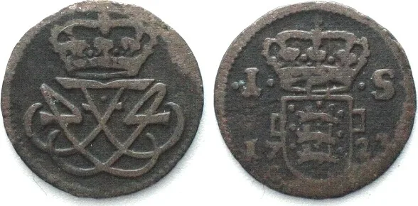 1723 DENMARK Skilling 1723 CW, FREDERIK IV billon, KEY DATE! VF